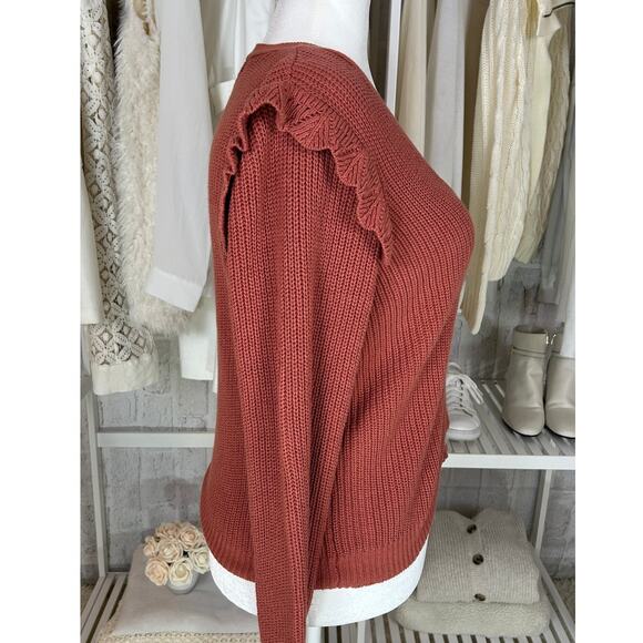 Marled Reunited Clothing Women's Sz L Mauve Ruffle Shoulder Cardigan #0378 - Picture 3 of 11